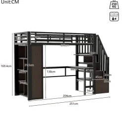 Okwish Lit Mezzanine 90x200 cm - LED Intégrée, Bureau et Rangements avec Escalier de Rangement, Métal/MDF, Noir* Lit Mezzanine