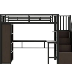 Okwish Lit Mezzanine 90x200 cm - LED Intégrée, Bureau et Rangements avec Escalier de Rangement, Métal/MDF, Noir* Lit Mezzanine