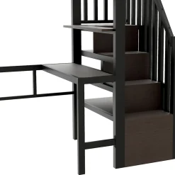 Okwish Lit Mezzanine 90x200 cm - LED Intégrée, Bureau et Rangements avec Escalier de Rangement, Métal/MDF, Noir* Lit Mezzanine