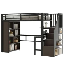 Okwish Lit Mezzanine 90x200 cm - LED Intégrée, Bureau et Rangements avec Escalier de Rangement, Métal/MDF, Noir* Lit Mezzanine