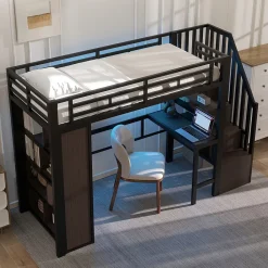 Okwish Lit Mezzanine 90x200 cm - LED Intégrée, Bureau et Rangements avec Escalier de Rangement, Métal/MDF, Noir* Lit Mezzanine