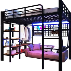 Okwish Lit Mezzanine 140x200 cm - LED Intégrée, Étagères et Rangements avec Portant Vêtements, Espace Ouvert sous Lit, Métal/MDF, No* Lit Mezzanine