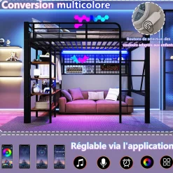 Okwish Lit Mezzanine 140x200 cm - LED Intégrée, Étagères et Rangements avec Portant Vêtements, Espace Ouvert sous Lit, Métal/MDF, No* Lit Mezzanine