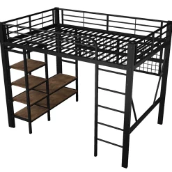 Okwish Lit Mezzanine 140x200 cm - LED Intégrée, Étagères et Rangements avec Portant Vêtements, Espace Ouvert sous Lit, Métal/MDF, No* Lit Mezzanine