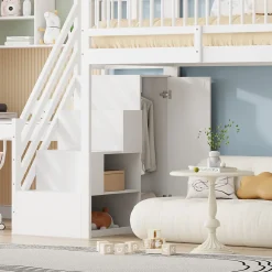 Lit mezzanine 90x200 cm - Lit ados avec clôture, penderie et étagères - Bois - Sans matelas - Blanc><noscript><img width=