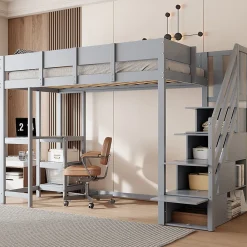 Okwish Lit mezzanine 90x200 cm - Lit avec rangement et étagère intégrée - Pin massif - Sans matelas - Gris* Lit Mezzanine