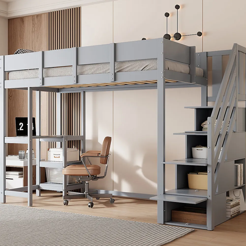 Okwish Lit mezzanine 90x200 cm - Lit avec rangement et étagère intégrée - Pin massif - Sans matelas - Gris* Lit Mezzanine