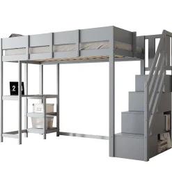 Okwish Lit mezzanine 90x200 cm - Lit avec rangement et étagère intégrée - Pin massif - Sans matelas - Gris* Lit Mezzanine