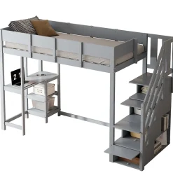 Okwish Lit mezzanine 90x200 cm - Lit avec rangement et étagère intégrée - Pin massif - Sans matelas - Gris* Lit Mezzanine