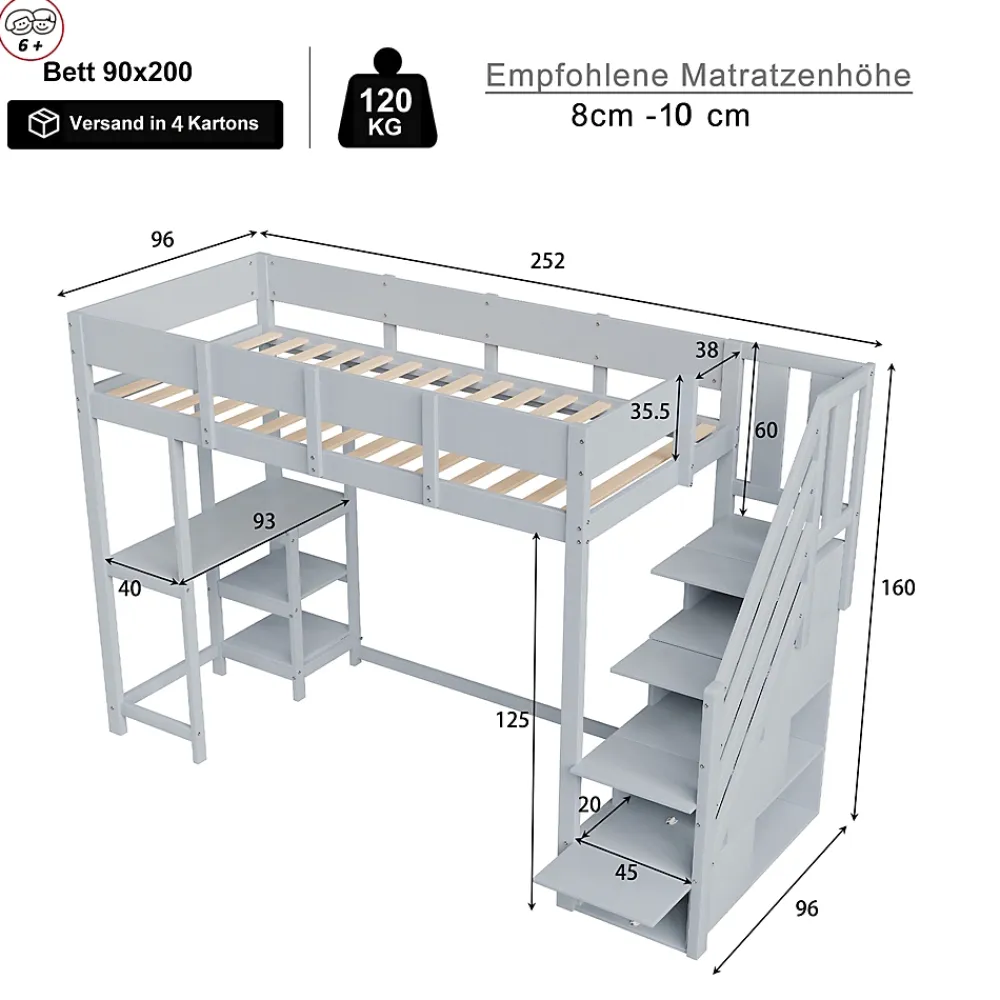 Okwish Lit mezzanine 90x200 cm - Lit avec rangement et étagère intégrée - Pin massif - Sans matelas - Gris* Lit Mezzanine