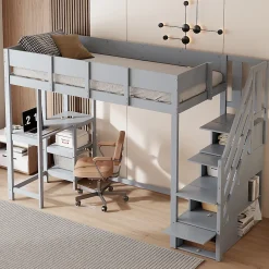 Okwish Lit mezzanine 90x200 cm - Lit avec rangement et étagère intégrée - Pin massif - Sans matelas - Gris* Lit Mezzanine