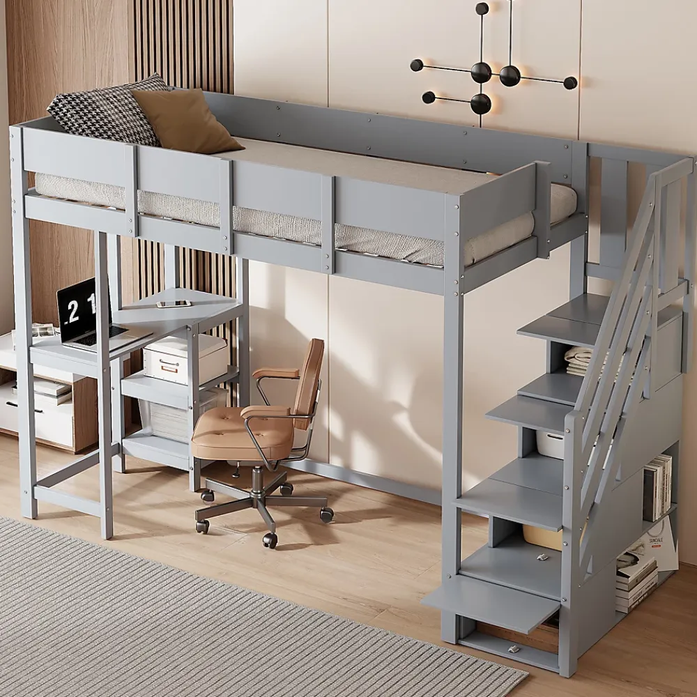 Okwish Lit mezzanine 90x200 cm - Lit avec rangement et étagère intégrée - Pin massif - Sans matelas - Gris* Lit Mezzanine