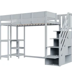 Okwish Lit mezzanine 90x200 cm - Lit avec rangement et étagère intégrée - Pin massif - Sans matelas - Gris* Lit Mezzanine