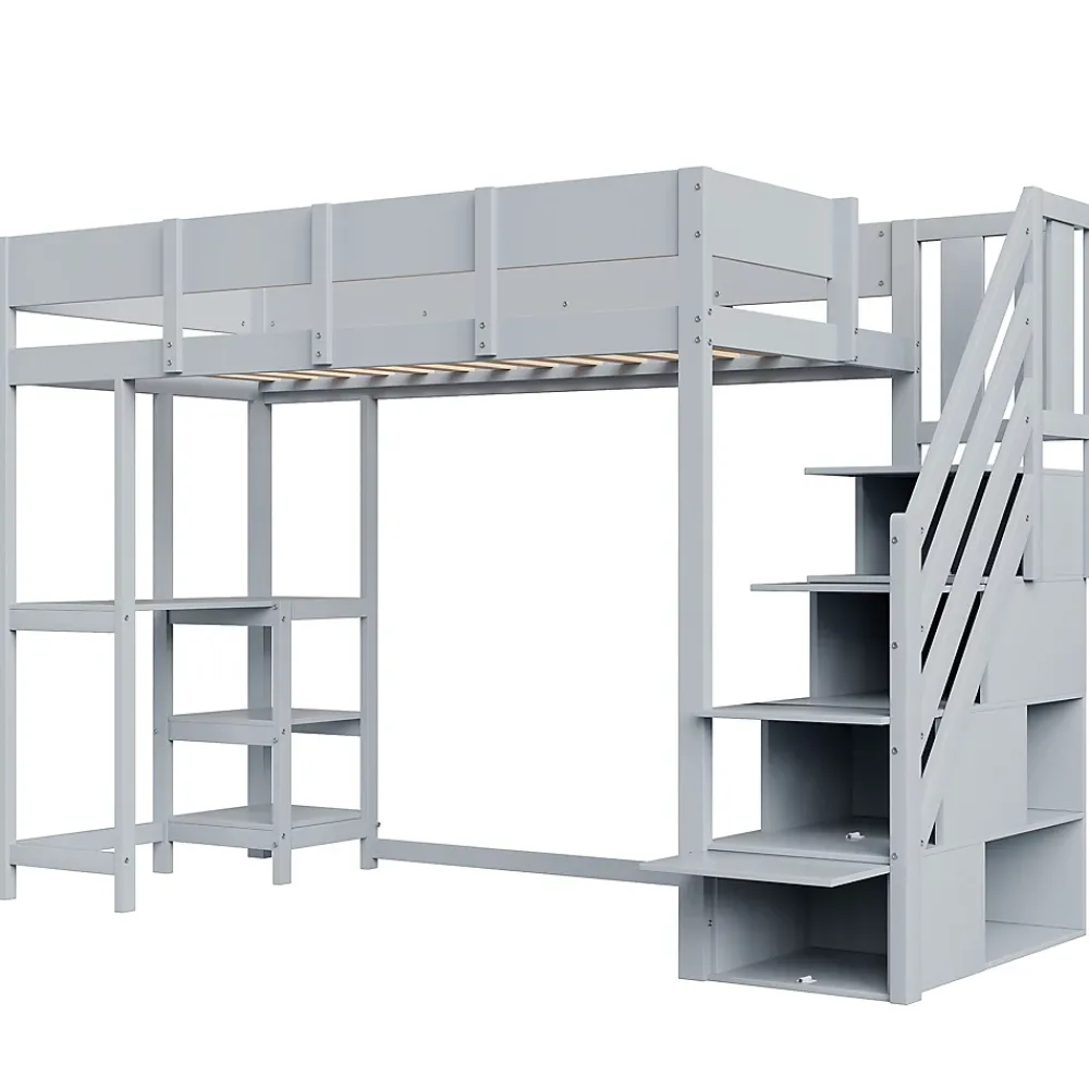 Okwish Lit mezzanine 90x200 cm - Lit avec rangement et étagère intégrée - Pin massif - Sans matelas - Gris* Lit Mezzanine