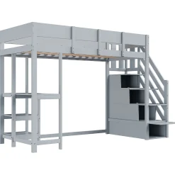 Okwish Lit mezzanine 90x200 cm - Lit avec rangement et étagère intégrée - Pin massif - Sans matelas - Gris* Lit Mezzanine