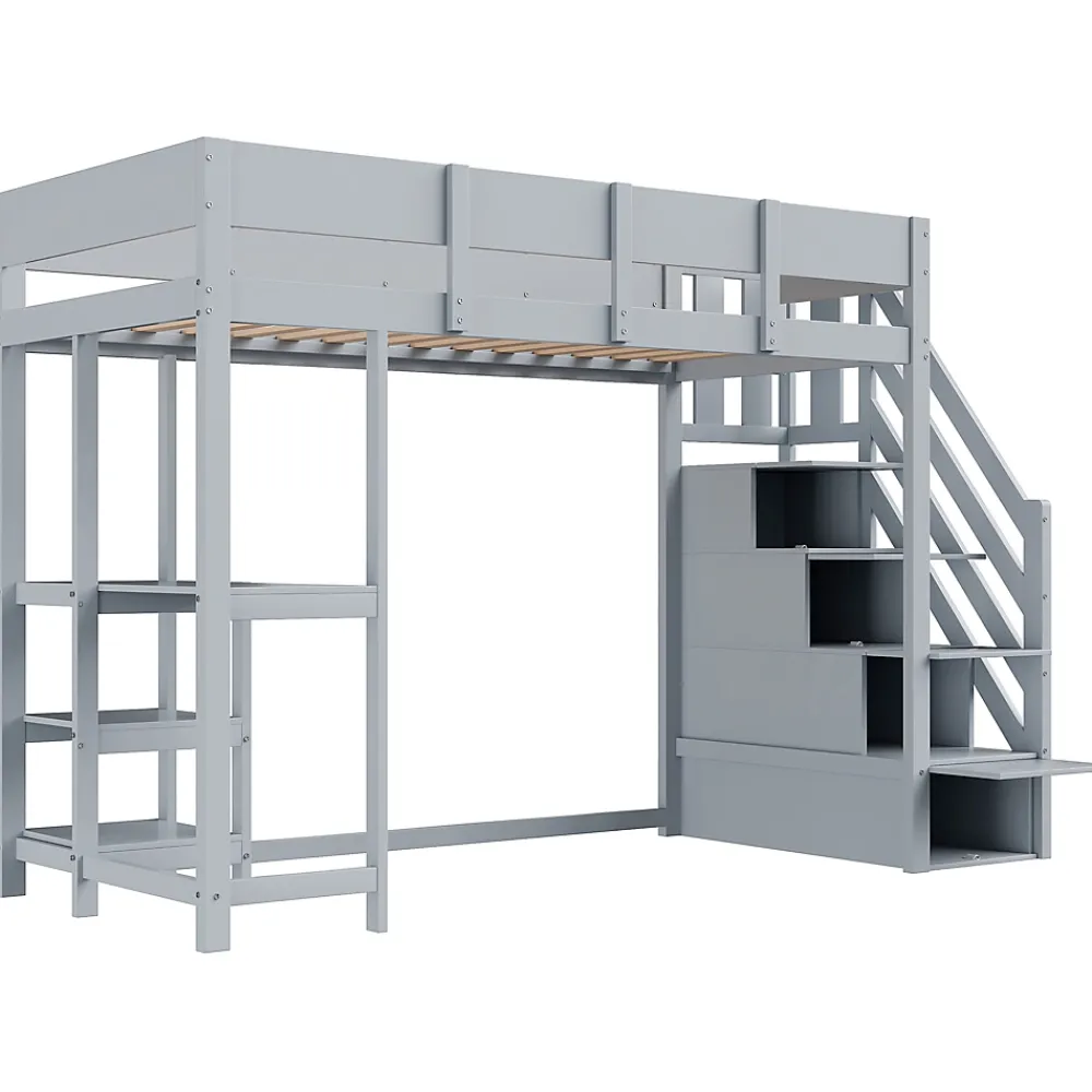 Okwish Lit mezzanine 90x200 cm - Lit avec rangement et étagère intégrée - Pin massif - Sans matelas - Gris* Lit Mezzanine
