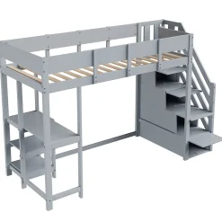 Okwish Lit mezzanine 90x200 cm - Lit avec rangement et étagère intégrée - Pin massif - Sans matelas - Gris* Lit Mezzanine