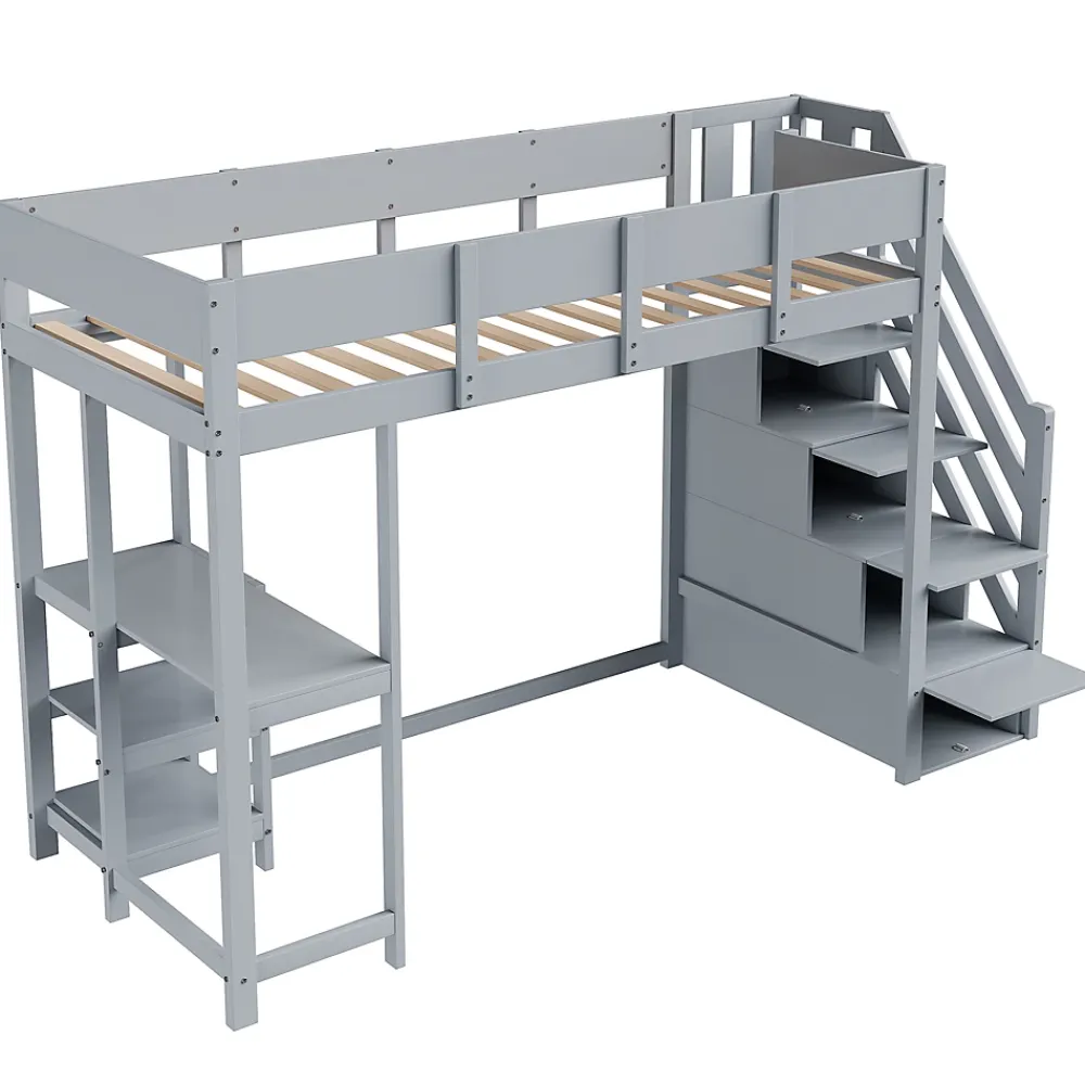 Okwish Lit mezzanine 90x200 cm - Lit avec rangement et étagère intégrée - Pin massif - Sans matelas - Gris* Lit Mezzanine