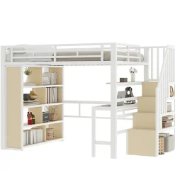 Okwish Lit Mezzanine 140x200 cm - Lit Ado avec Bureau Intégré, LED et Escalier de Rangement, Métal + MDF, Blanc* Lit Mezzanine