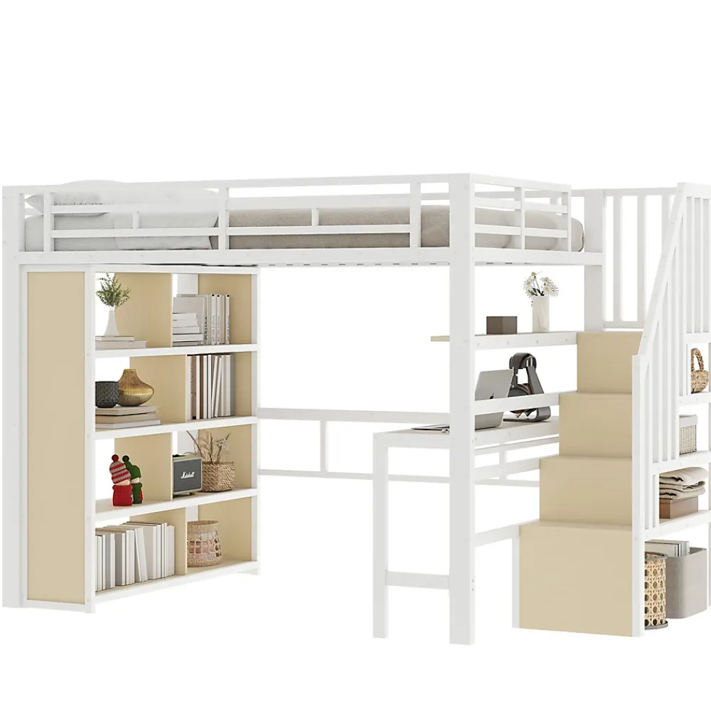 Okwish Lit Mezzanine 140x200 cm - Lit Ado avec Bureau Intégré, LED et Escalier de Rangement, Métal + MDF, Blanc* Lit Mezzanine