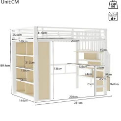 Okwish Lit Mezzanine 140x200 cm - Lit Ado avec Bureau Intégré, LED et Escalier de Rangement, Métal + MDF, Blanc* Lit Mezzanine
