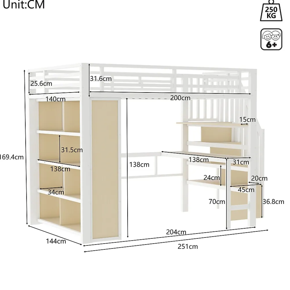 Okwish Lit Mezzanine 140x200 cm - Lit Ado avec Bureau Intégré, LED et Escalier de Rangement, Métal + MDF, Blanc* Lit Mezzanine