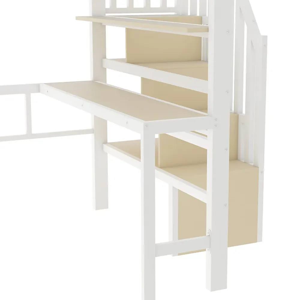 Okwish Lit Mezzanine 140x200 cm - Lit Ado avec Bureau Intégré, LED et Escalier de Rangement, Métal + MDF, Blanc* Lit Mezzanine