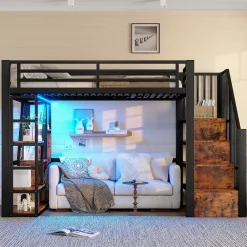 Okwish Lit Mezzanine 90x200 cm - Lit Ado Simple avec Escalier Intégré, LED et Rangement Sous le Lit - MDF et Métal - sans Matelas - Noir* Lit Mezzanine