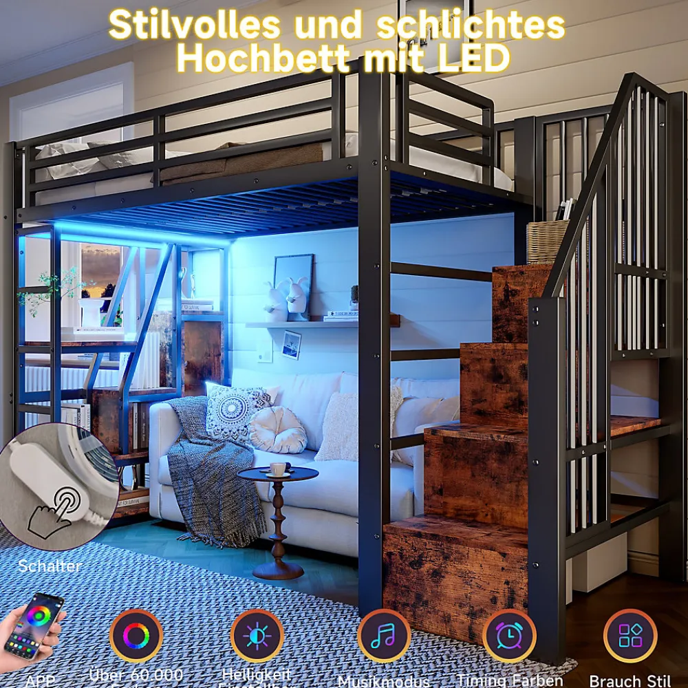Okwish Lit Mezzanine 90x200 cm - Lit Ado Simple avec Escalier Intégré, LED et Rangement Sous le Lit - MDF et Métal - sans Matelas - Noir* Lit Mezzanine