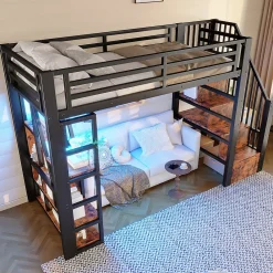 Okwish Lit Mezzanine 90x200 cm - Lit Ado Simple avec Escalier Intégré, LED et Rangement Sous le Lit - MDF et Métal - sans Matelas - Noir* Lit Mezzanine