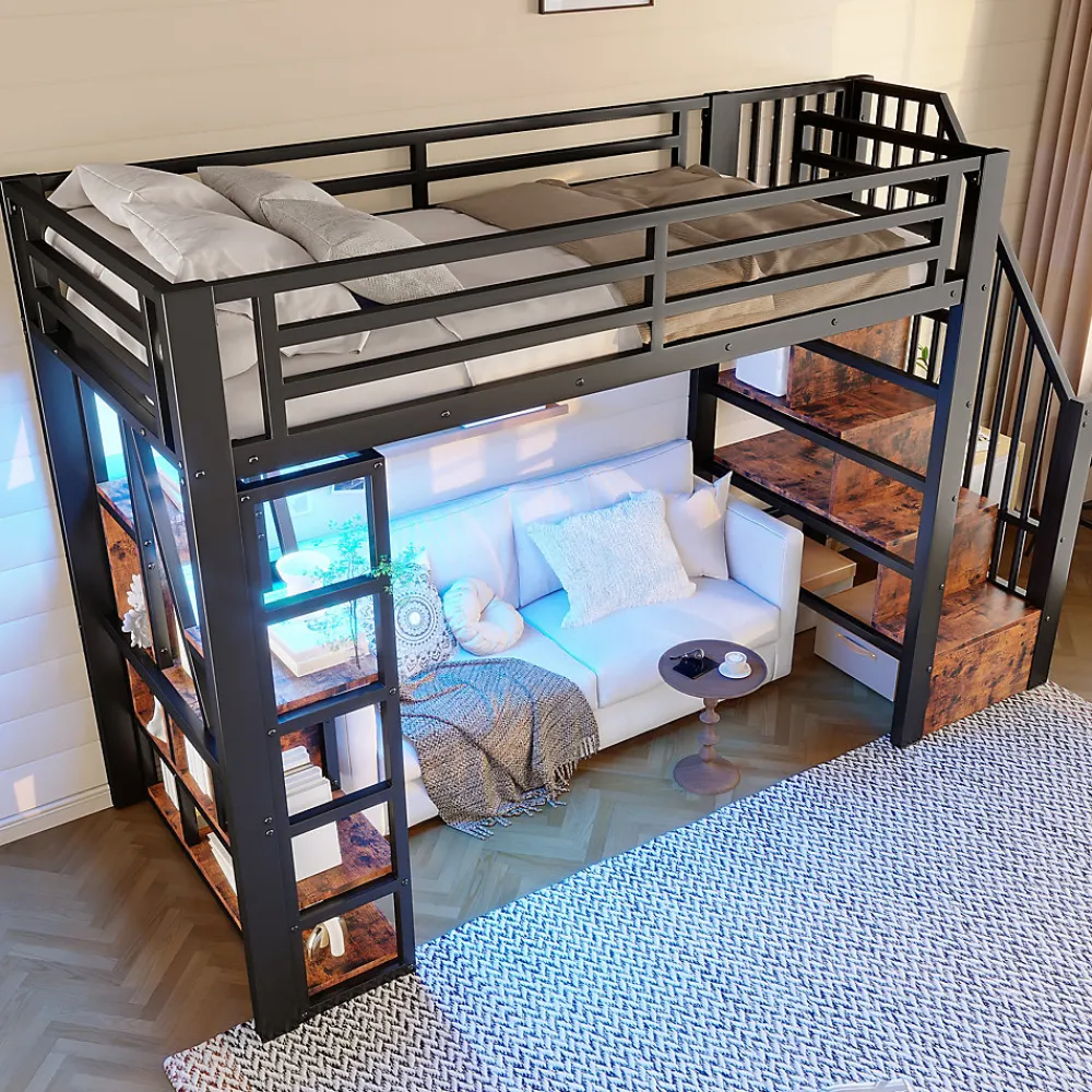 Okwish Lit Mezzanine 90x200 cm - Lit Ado Simple avec Escalier Intégré, LED et Rangement Sous le Lit - MDF et Métal - sans Matelas - Noir* Lit Mezzanine