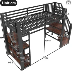 Okwish Lit Mezzanine 90x200 cm - Lit Ado Simple avec Escalier Intégré, LED et Rangement Sous le Lit - MDF et Métal - sans Matelas - Noir* Lit Mezzanine