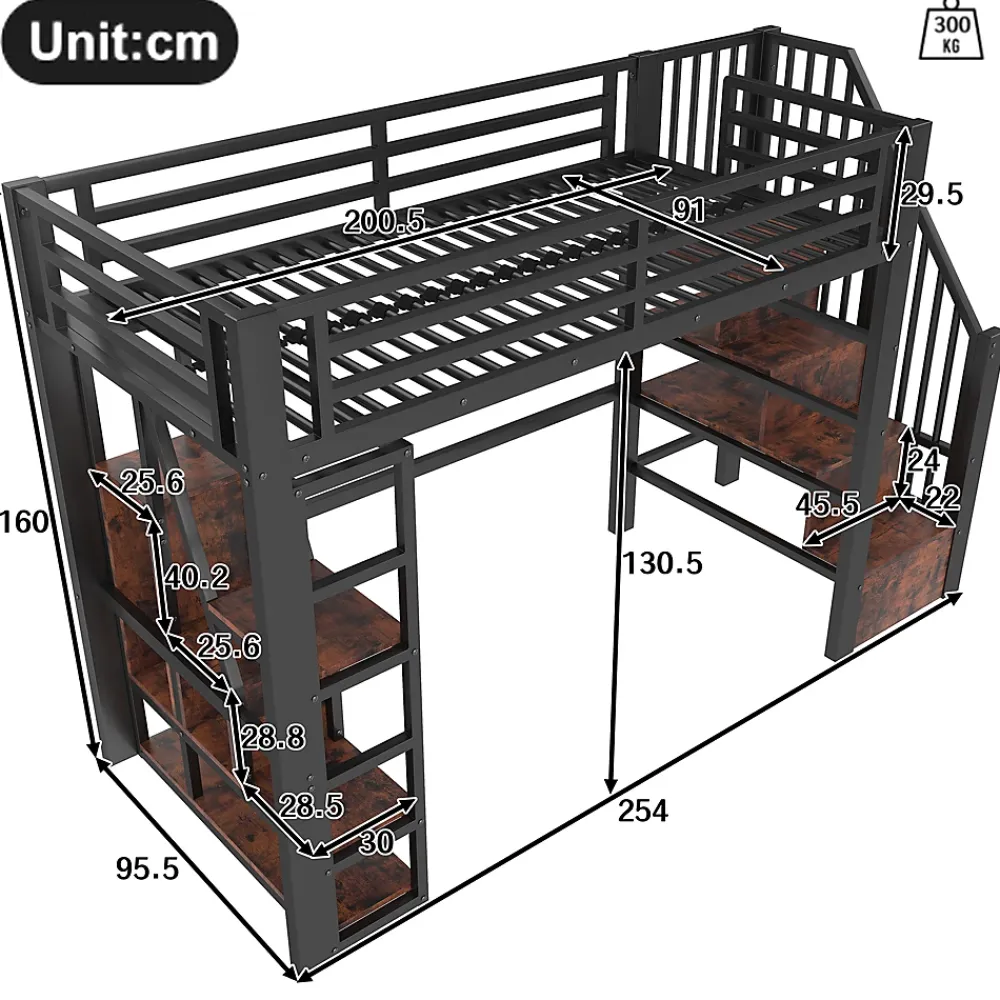 Okwish Lit Mezzanine 90x200 cm - Lit Ado Simple avec Escalier Intégré, LED et Rangement Sous le Lit - MDF et Métal - sans Matelas - Noir* Lit Mezzanine