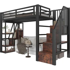 Okwish Lit Mezzanine 90x200 cm - Lit Ado Simple avec Escalier Intégré, LED et Rangement Sous le Lit - MDF et Métal - sans Matelas - Noir* Lit Mezzanine