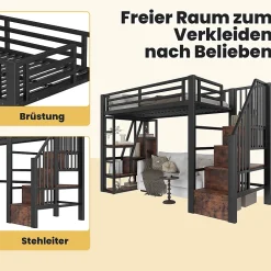 Okwish Lit Mezzanine 90x200 cm - Lit Ado Simple avec Escalier Intégré, LED et Rangement Sous le Lit - MDF et Métal - sans Matelas - Noir* Lit Mezzanine