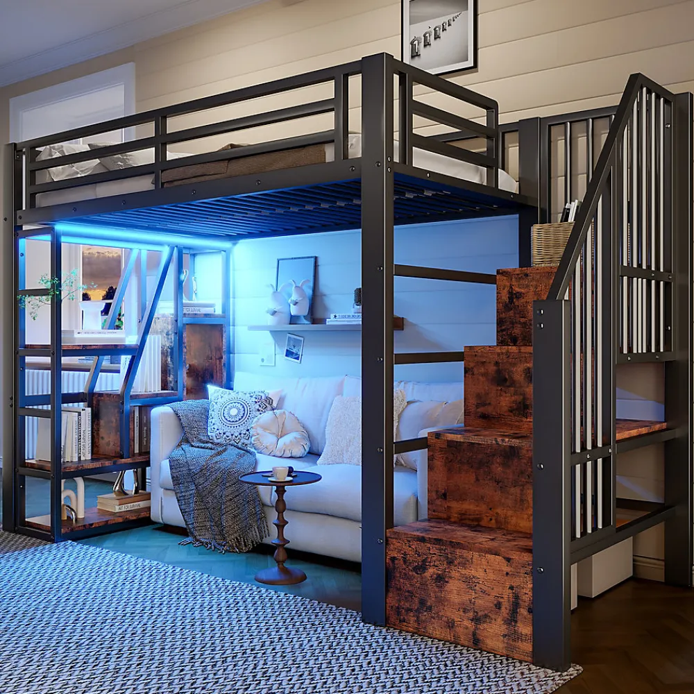 Okwish Lit Mezzanine 90x200 cm - Lit Ado Simple avec Escalier Intégré, LED et Rangement Sous le Lit - MDF et Métal - sans Matelas - Noir* Lit Mezzanine