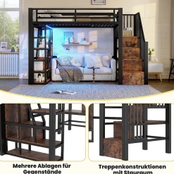 Okwish Lit Mezzanine 90x200 cm - Lit Ado Simple avec Escalier Intégré, LED et Rangement Sous le Lit - MDF et Métal - sans Matelas - Noir* Lit Mezzanine