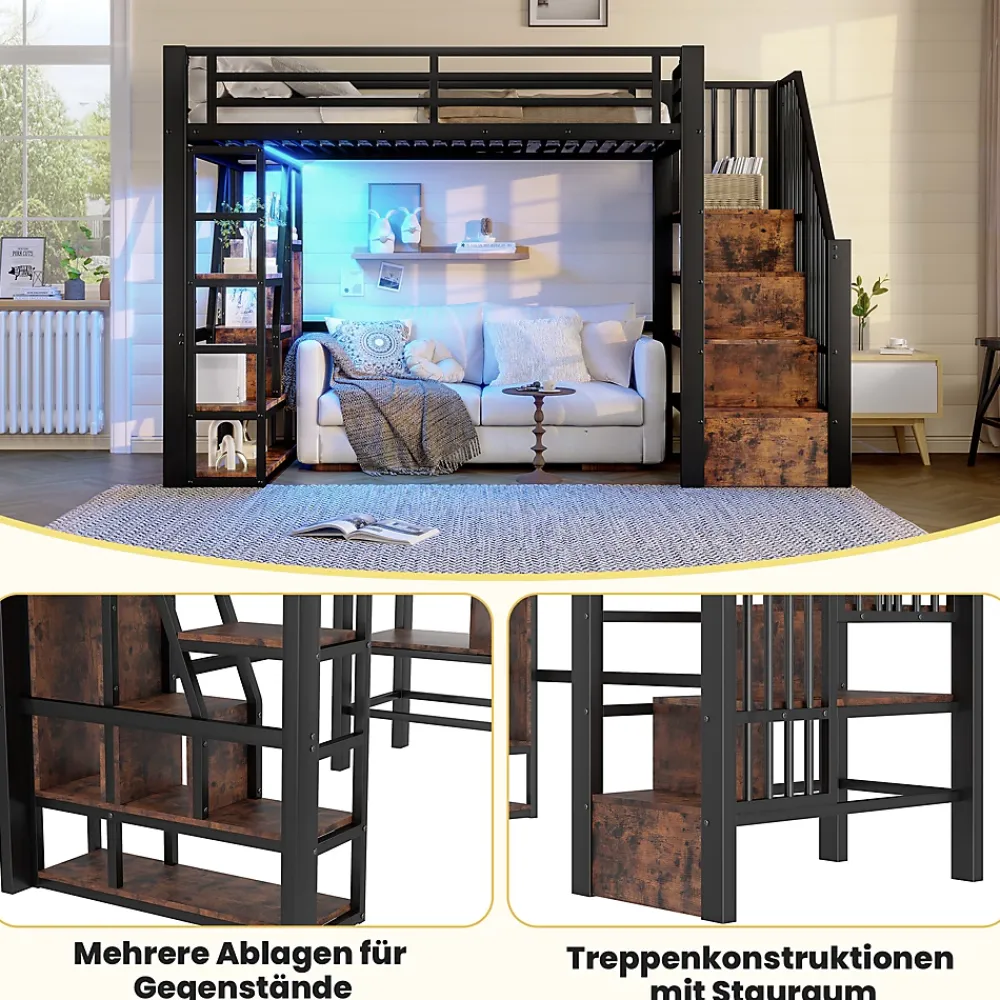 Okwish Lit Mezzanine 90x200 cm - Lit Ado Simple avec Escalier Intégré, LED et Rangement Sous le Lit - MDF et Métal - sans Matelas - Noir* Lit Mezzanine