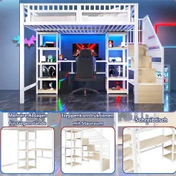 Okwish Lit Mezzanine 140x200 cm - Lit Ado Double avec Bureau, Escalier Rangement et LED - Métal et MDF - sans Matelas - Blanc* Lit Mezzanine