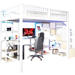 Okwish Lit Mezzanine 140x200 cm - Lit Ado Double avec Bureau, Escalier Rangement et LED - Métal et MDF - sans Matelas - Blanc* Lit Mezzanine