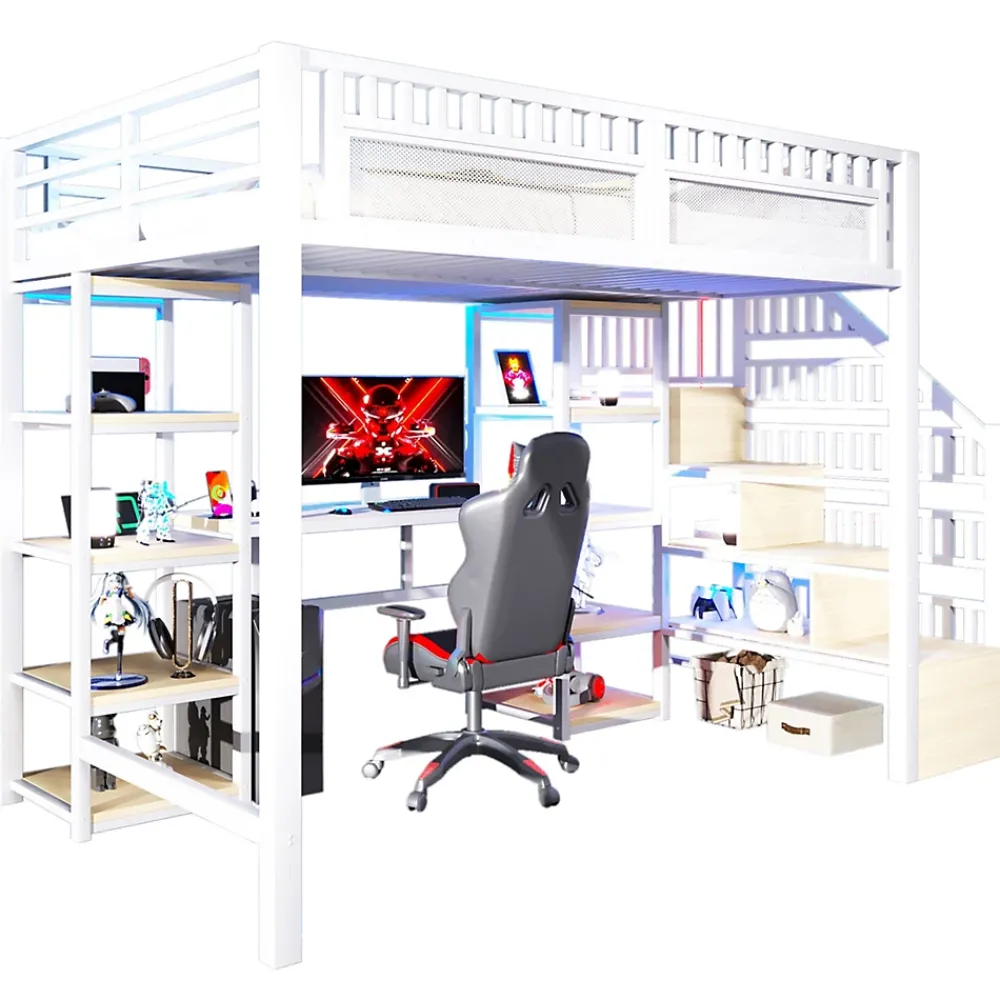 Okwish Lit Mezzanine 140x200 cm - Lit Ado Double avec Bureau, Escalier Rangement et LED - Métal et MDF - sans Matelas - Blanc* Lit Mezzanine