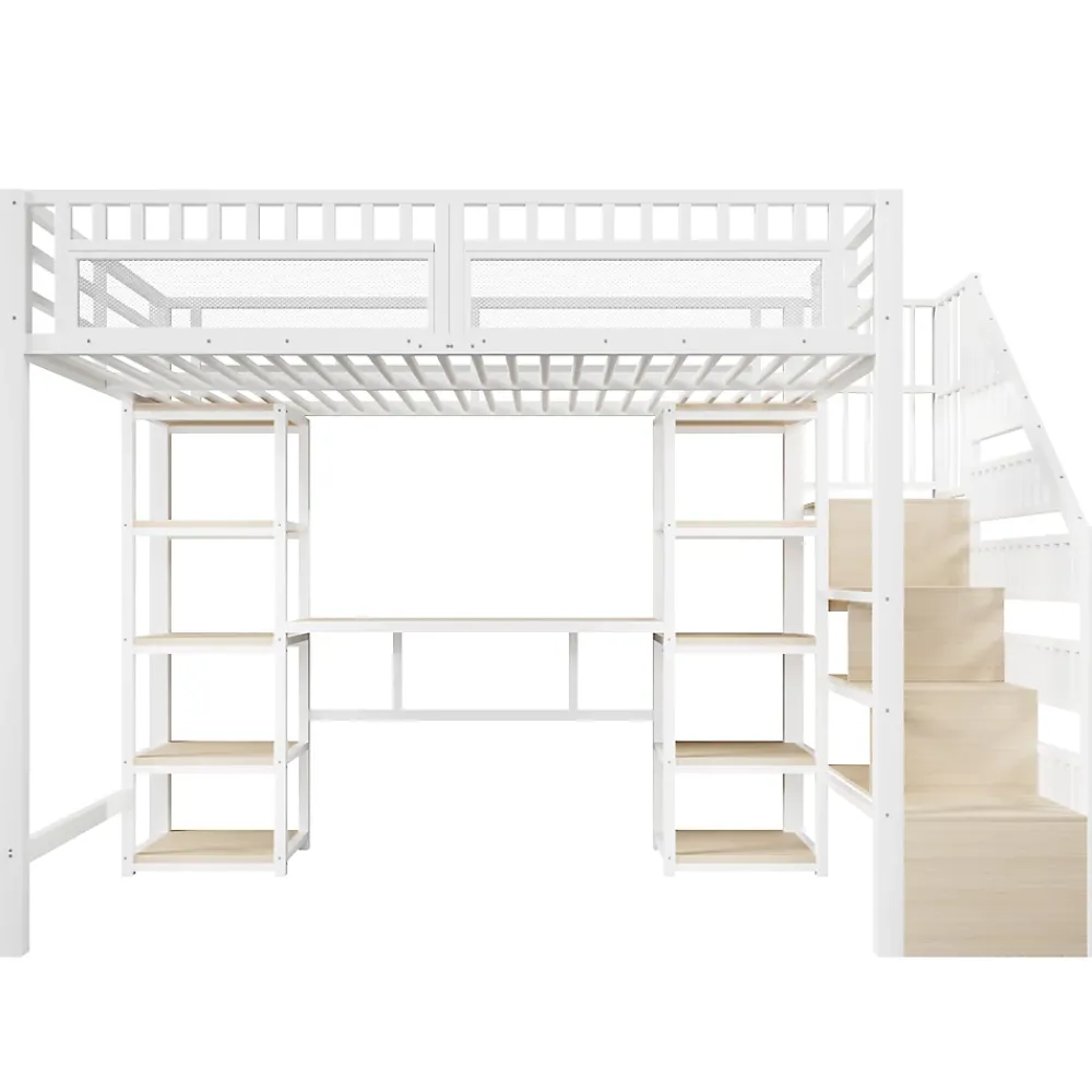 Okwish Lit Mezzanine 140x200 cm - Lit Ado Double avec Bureau, Escalier Rangement et LED - Métal et MDF - sans Matelas - Blanc* Lit Mezzanine