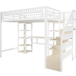 Okwish Lit Mezzanine 140x200 cm - Lit Ado Double avec Bureau, Escalier Rangement et LED - Métal et MDF - sans Matelas - Blanc* Lit Mezzanine
