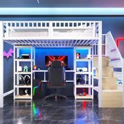 Okwish Lit Mezzanine 140x200 cm - Lit Ado Double avec Bureau, Escalier Rangement et LED - Métal et MDF - sans Matelas - Blanc* Lit Mezzanine