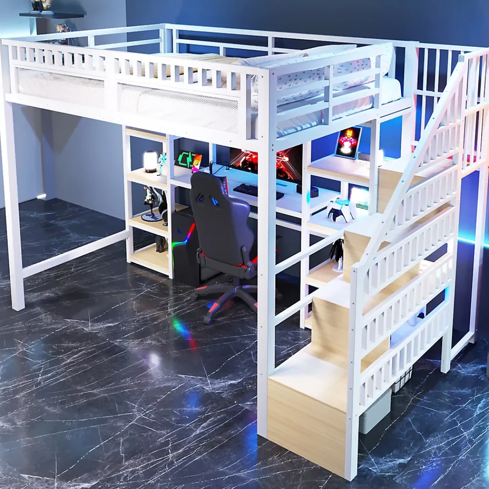 Okwish Lit Mezzanine 140x200 cm - Lit Ado Double avec Bureau, Escalier Rangement et LED - Métal et MDF - sans Matelas - Blanc* Lit Mezzanine
