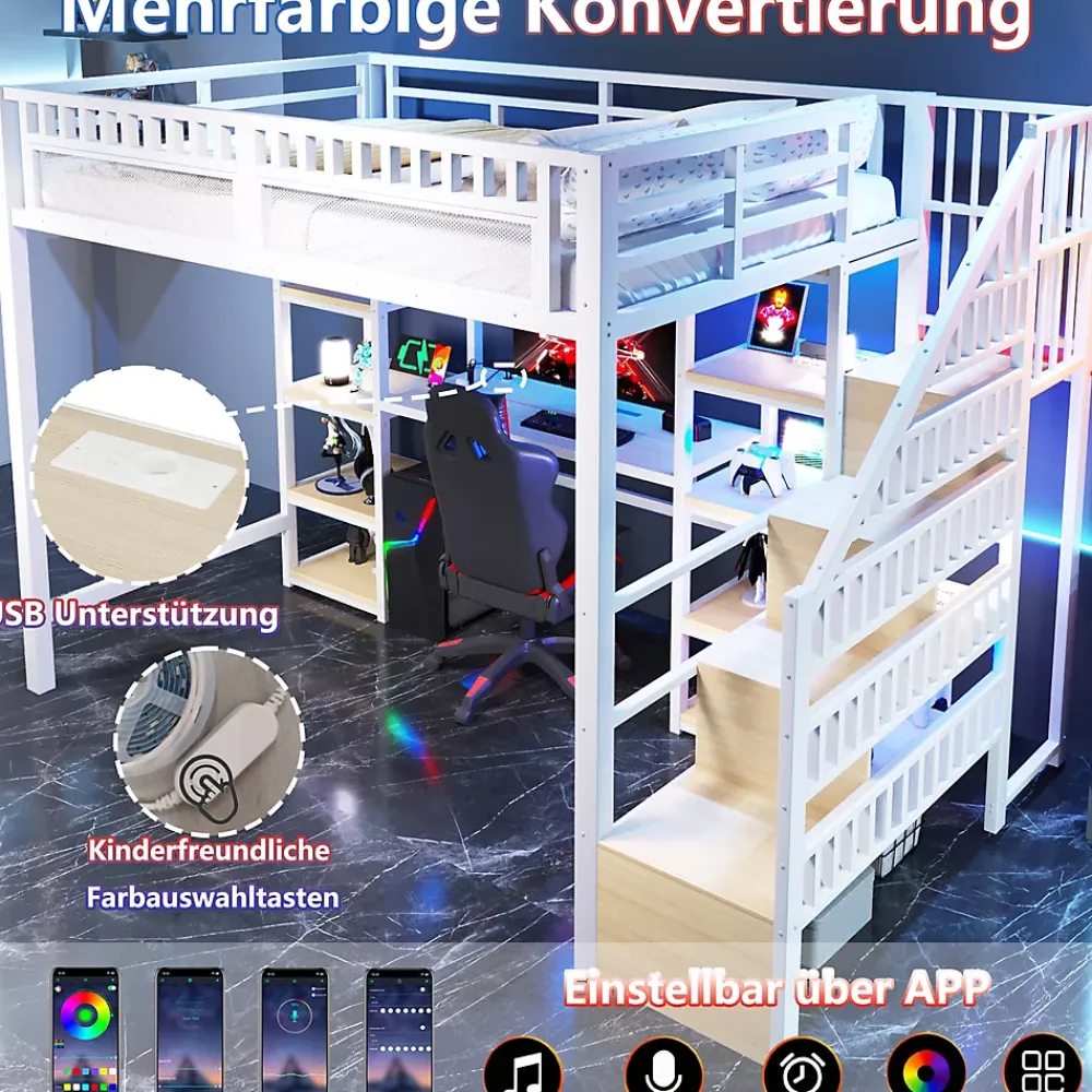 Okwish Lit Mezzanine 140x200 cm - Lit Ado Double avec Bureau, Escalier Rangement et LED - Métal et MDF - sans Matelas - Blanc* Lit Mezzanine