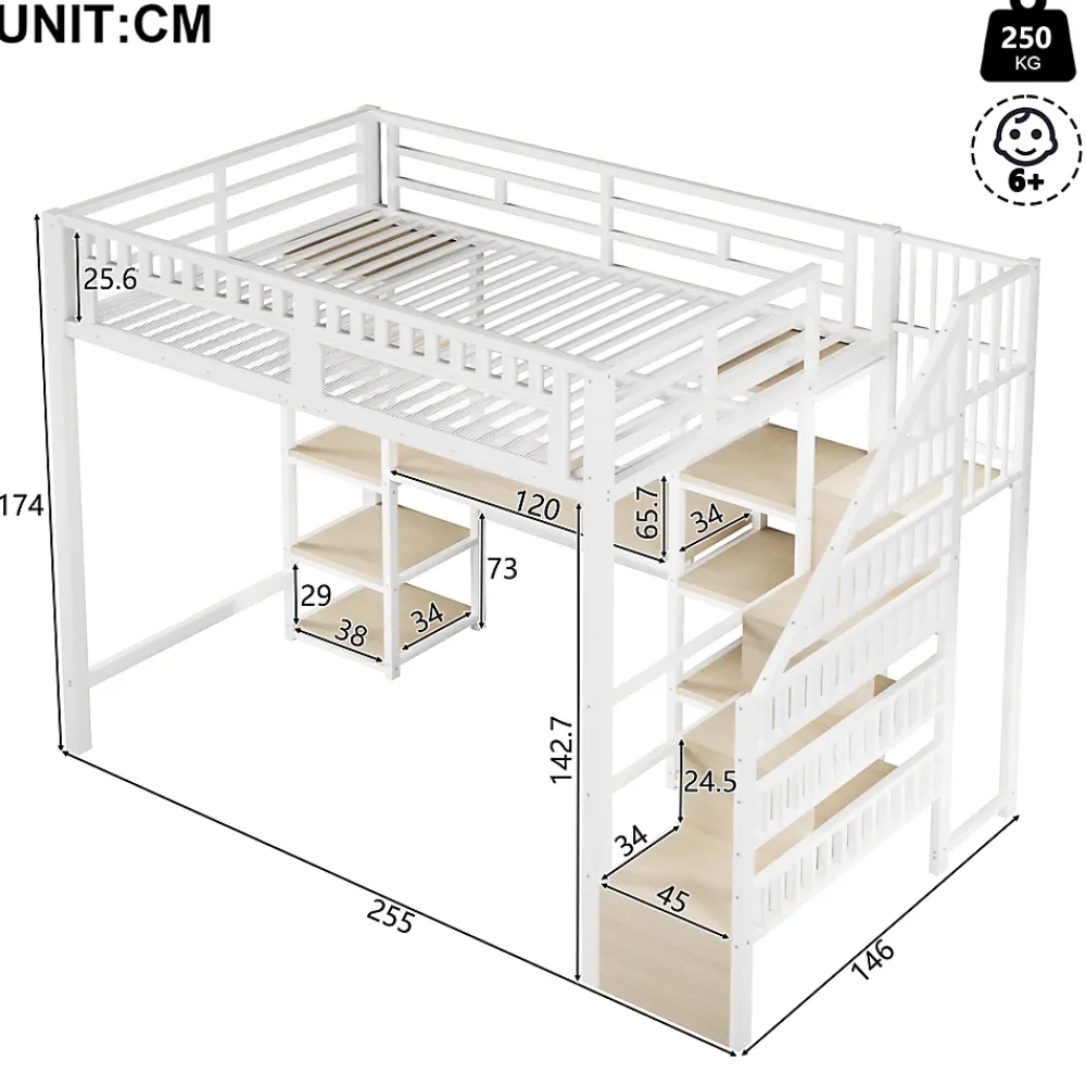 Okwish Lit Mezzanine 140x200 cm - Lit Ado Double avec Bureau, Escalier Rangement et LED - Métal et MDF - sans Matelas - Blanc* Lit Mezzanine