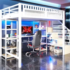Okwish Lit Mezzanine 140x200 cm - Lit Ado Double avec Bureau, Escalier Rangement et LED - Métal et MDF - sans Matelas - Blanc* Lit Mezzanine