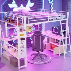 Lit Mezzanine 140x200 cm - Lit Ado avec Bureau Intégré, LED et Ports USB, Panneau Perforé et Rangement, Métal + MDF, Blanc>Okwish Clearance