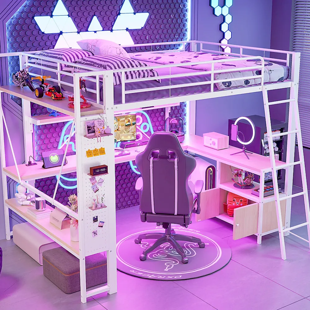 Lit Mezzanine 140x200 cm - Lit Ado avec Bureau Intégré, LED et Ports USB, Panneau Perforé et Rangement, Métal + MDF, Blanc>Okwish Clearance